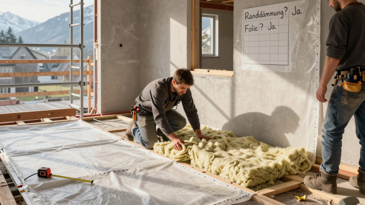 Handwerker verlegt Mineralwolle-Dämmung zwischen Balken und legt eine feuchtigkeitssperrende Folie mit Überlappung an.
