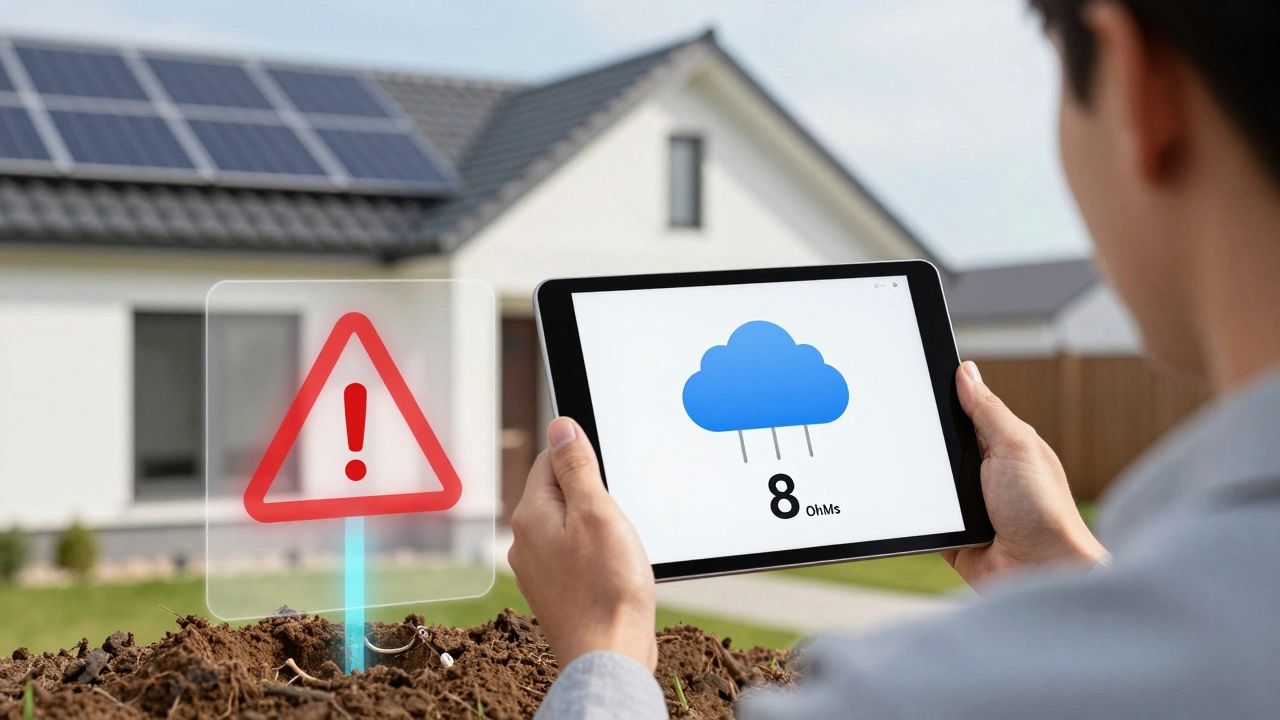 Hausbesitzer überprüft sicherer Erdungswert auf Tablet mit Cloud-Daten und verschwindender Warnung.