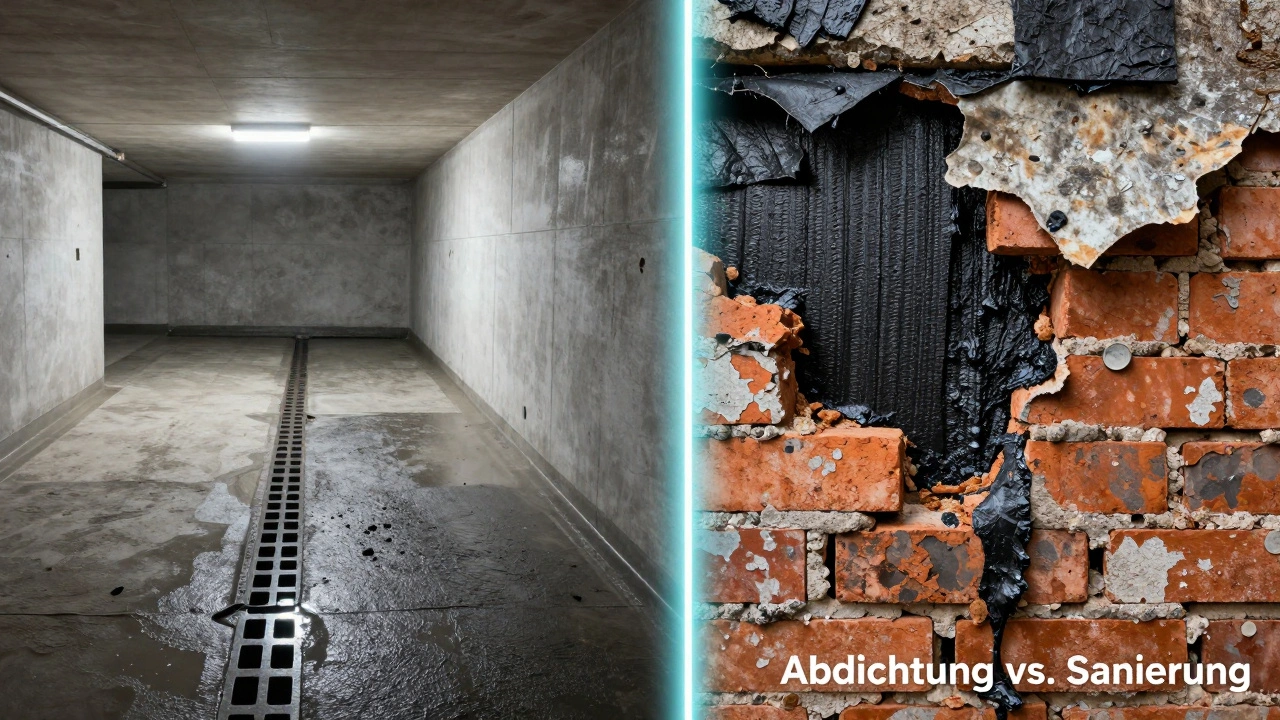 Kontrast zwischen moderner Innenabdichtung und veralteter, beschädigter Kellerwand.