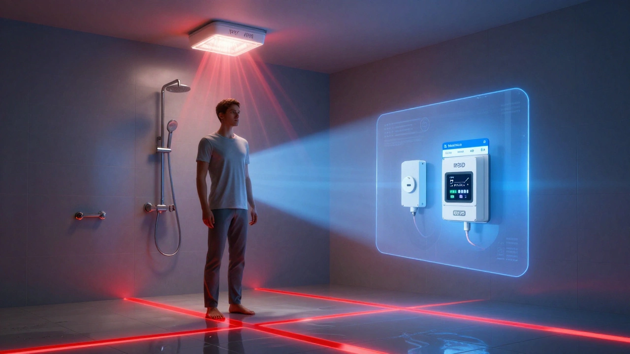 Mensch auf nassen Fliesen, umgeben von gefährlichem Strom und einem Schutzschild aus Sicherheitstechnik, digitale VDE-App im Hintergrund.