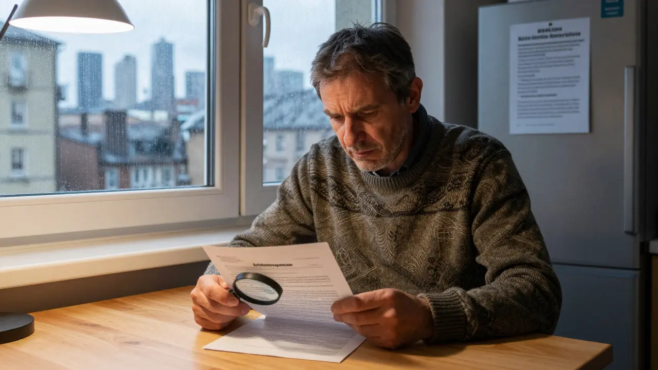 Mieter prüft Mietvertrag an der Küchentafel, Regen an der Fensterscheibe, Mietervereinsflyer an der Kühlschranktür.