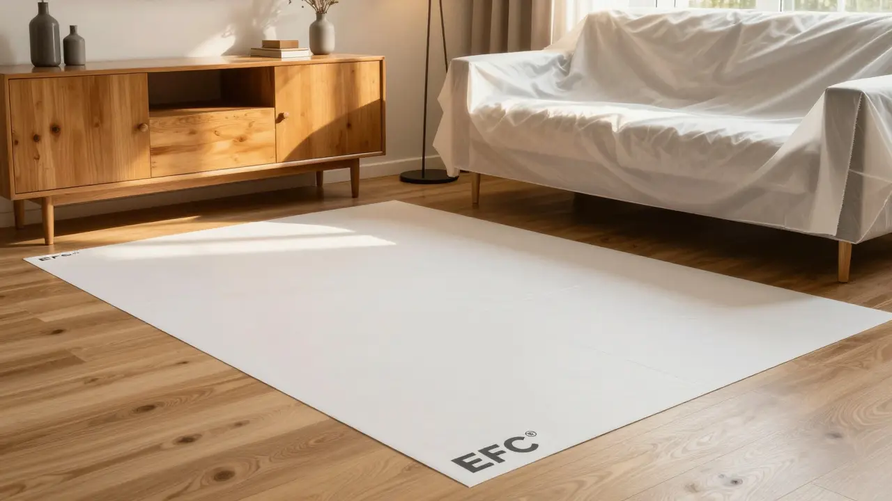 Modernes Wohnzimmer mit rückstandsfreiem Bodenschutz und atmungsaktivem Möbelschutz während der Renovierung.