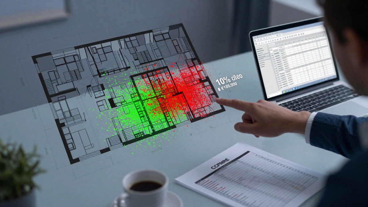 Monte-Carlo-Simulation als farbige Punktwolke über einem Wohnungsplan, zeigt finanzielle Risiken in Rot und Grün.