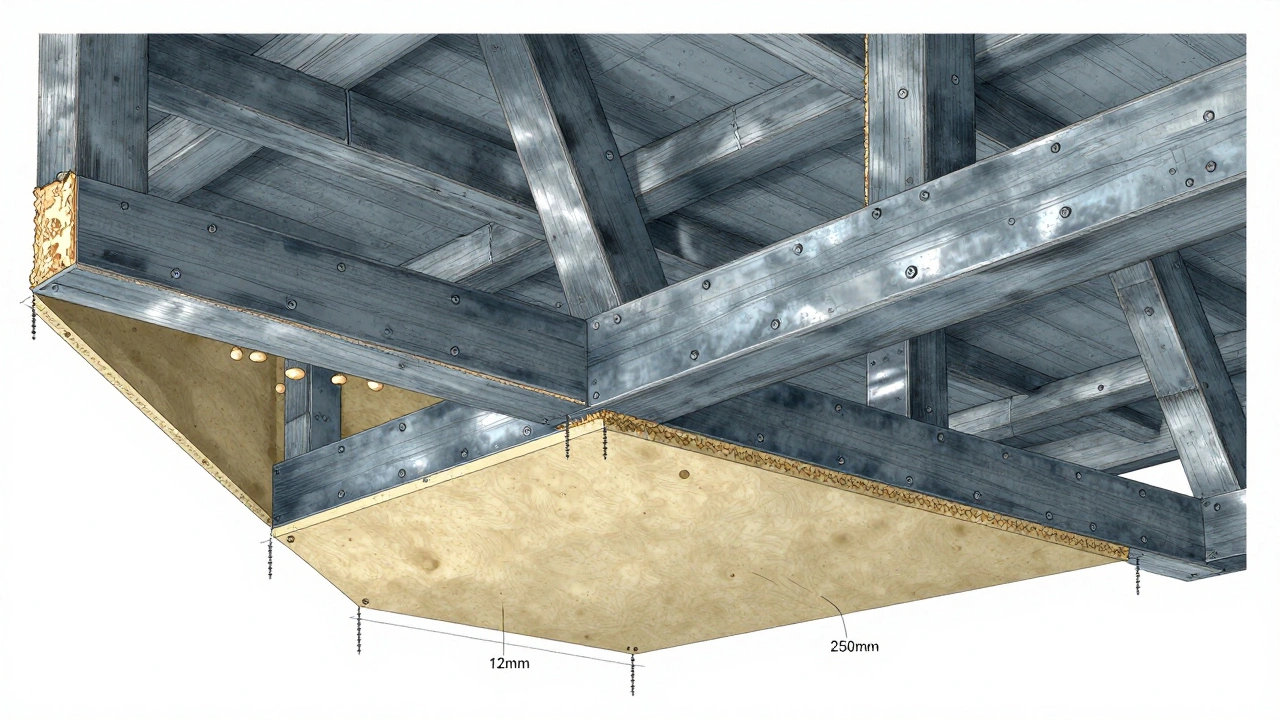 Querschnitt einer alten Holzbalkendecke mit U-Profilen und GKF-Platte darunter, alte Schüttung wird entfernt.