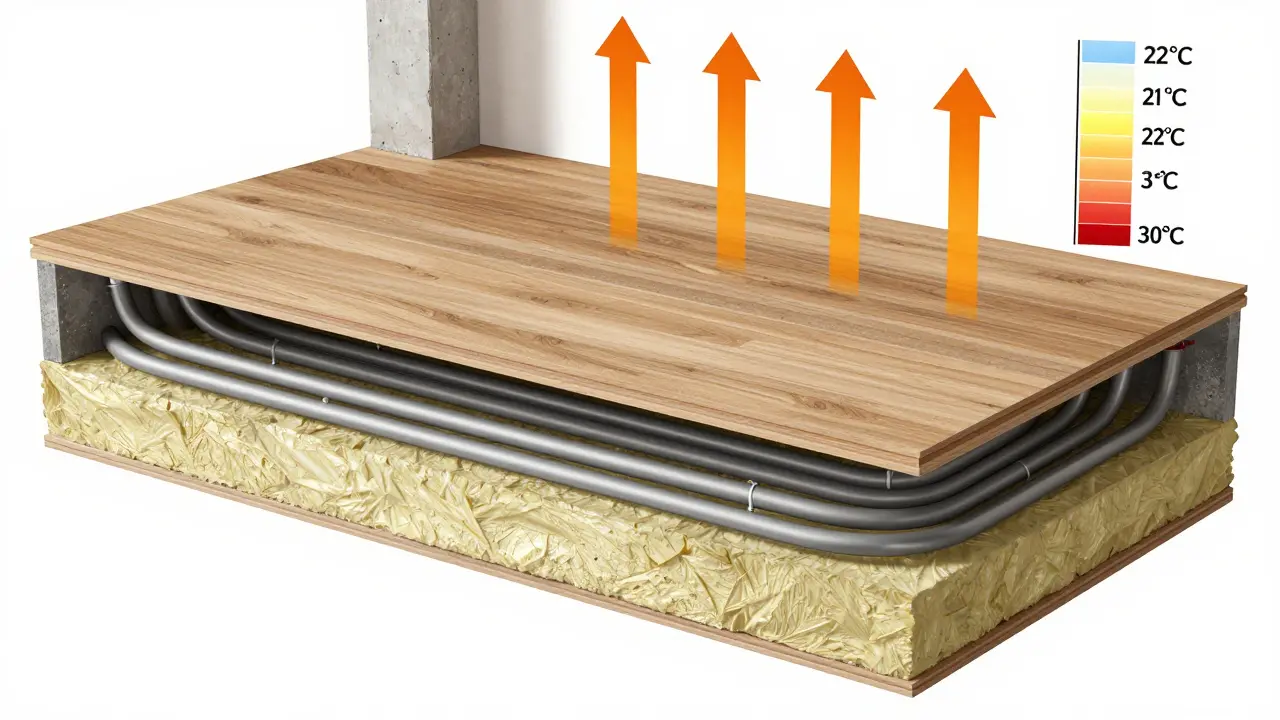 Querschnitt einer Fußbodenheizung mit Dämmung, Heizrohren und Laminat, Wärmeströme zeigen Temperaturverteilung.