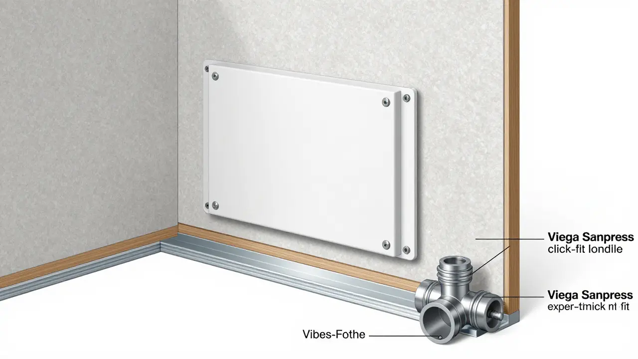 Querschnitt einer professionell montierten Sanitärvorwand mit Gipskarton, Toilettenmodul und Klick-Verbindung der Rohre.