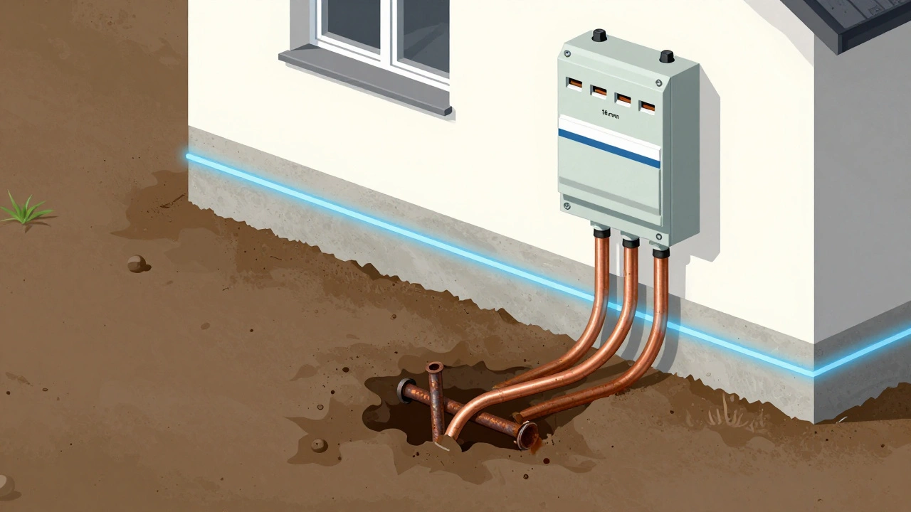 Querschnitt eines modernen Erdungssystems mit korrosionsfreiem Kupferleiter und Betonüberdeckung.