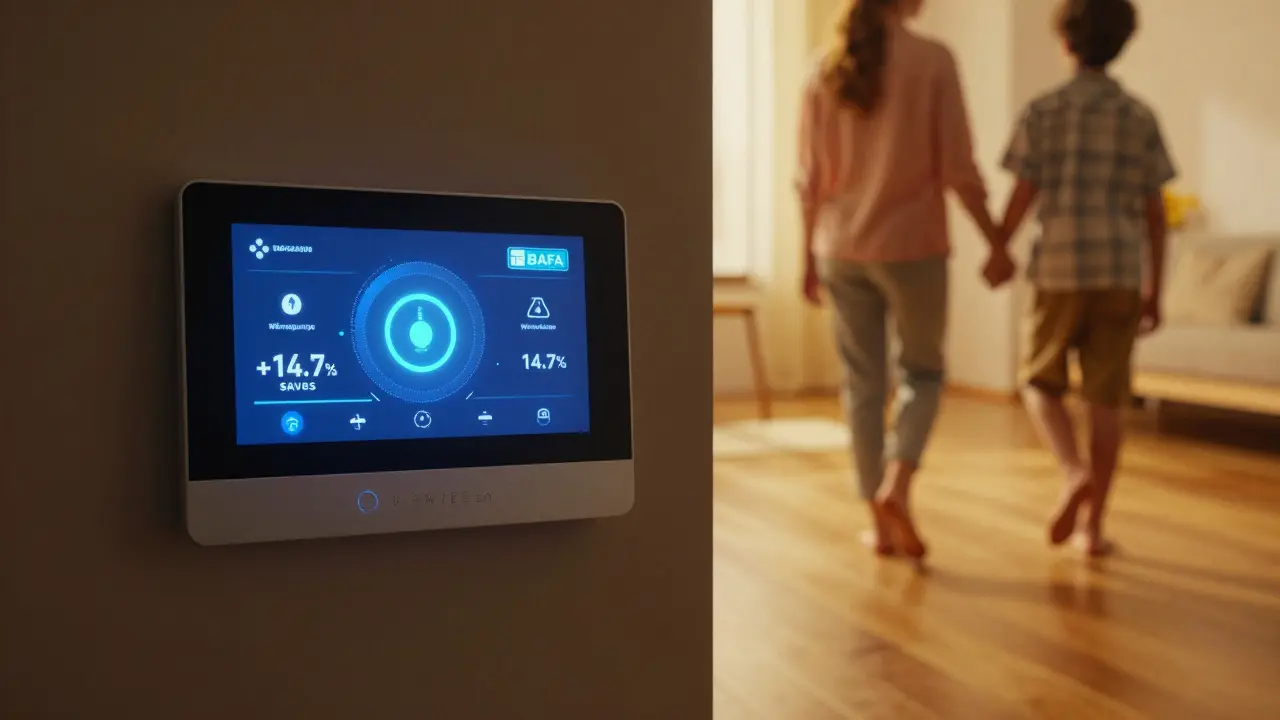 Smartes Steuerpanel mit Energieeinsparung und Wärmepumpe, Familie geht barfuß auf warmem Boden.