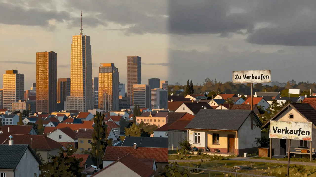 Stadt-Land-Vergleich: lebendige Metropole links, verlassenes Dorf rechts.