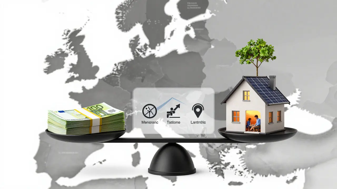 Symbolische Waage mit Rendite, Ferienhaus und Familie, darunter Klima- und Kostenrisiken als Grafik.