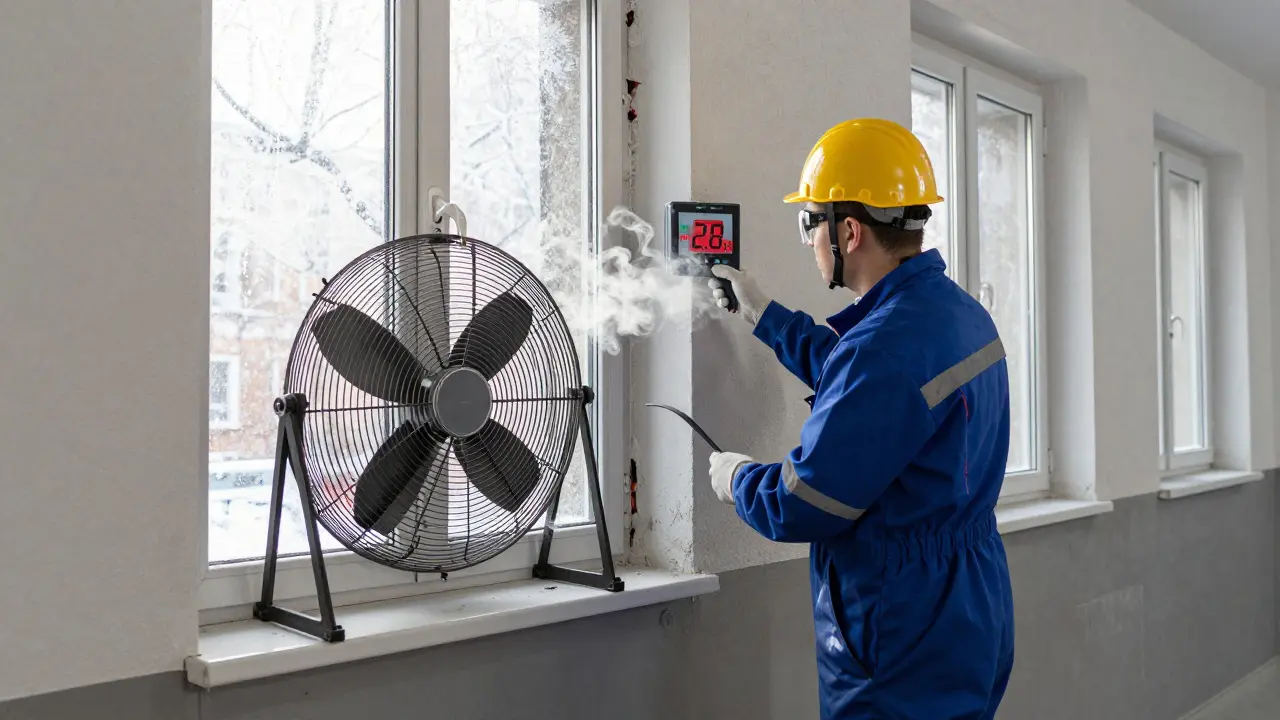 Techniker führt einen Blower-Door-Test in einem Mehrfamilienhaus durch, Luftlecks sind sichtbar.