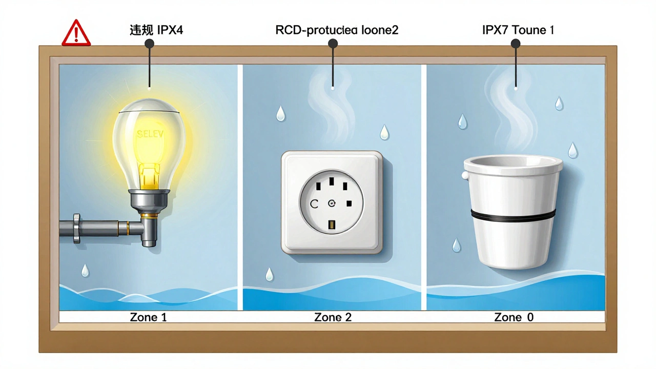 Technische Zeichnung eines Bades mit korrekten und falschen Elektroinstallationen in den Schutzbereichen 0, 1 und 2.