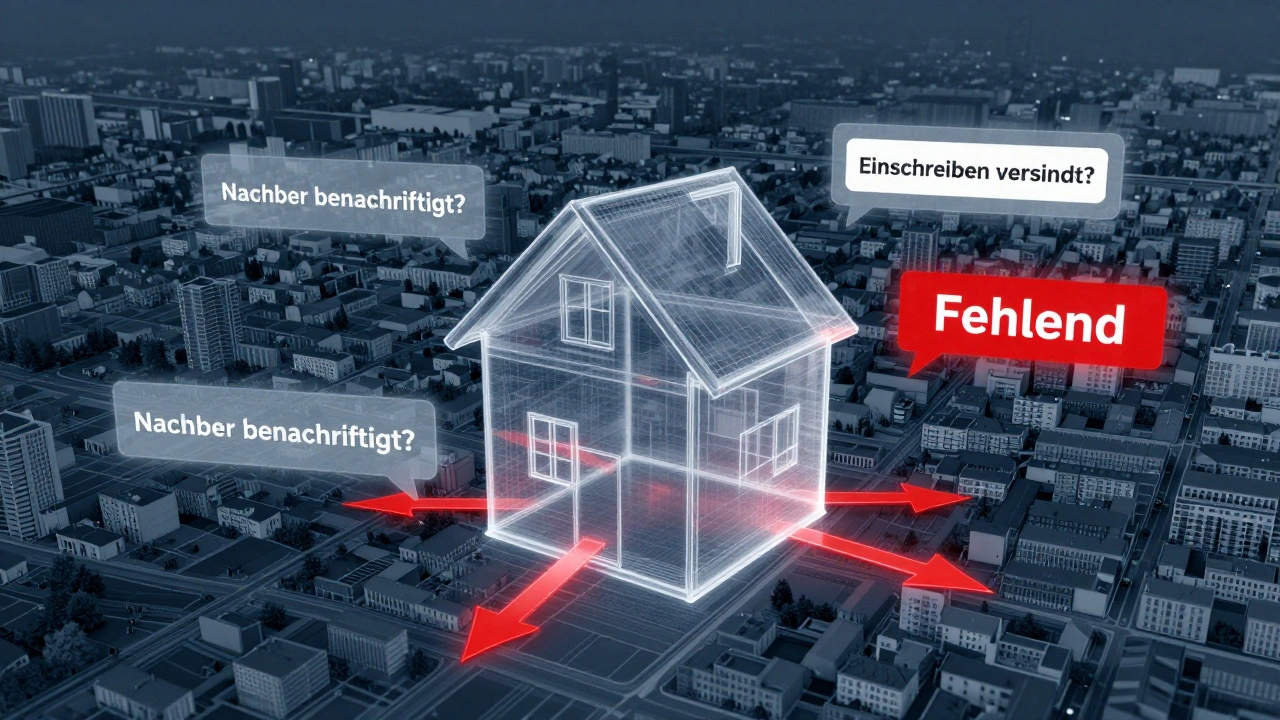 Transparenz-Modell eines Hauses über Stadtplan, rote Pfeile zu Nachbargrundstücken, digitale Benachrichtigungen.