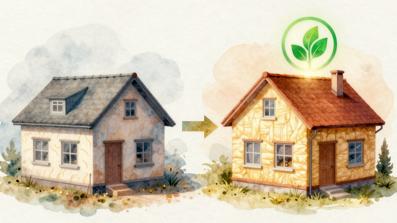 Vergleich eines alten und modernisierten Hauses: links kalt und undicht, rechts warm und energieeffizient.