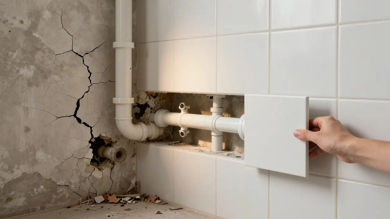 Vergleich: kaputte alte Wand links, dauerhafte Sanitärvorwand rechts mit zugänglichen Rohren für zukünftige Wartung.