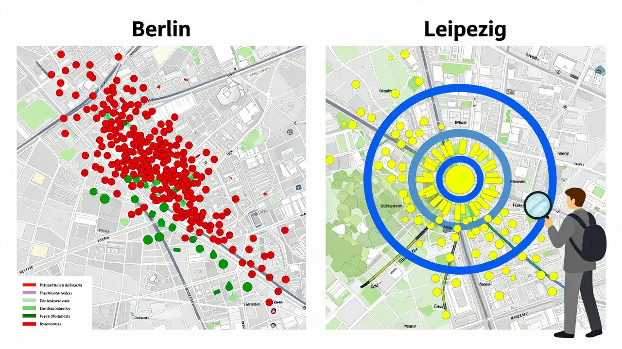 Vergleich von Berlin und Leipzig auf digitaler Karte mit Mietrenditen und Infrastruktur-Erweiterungen.