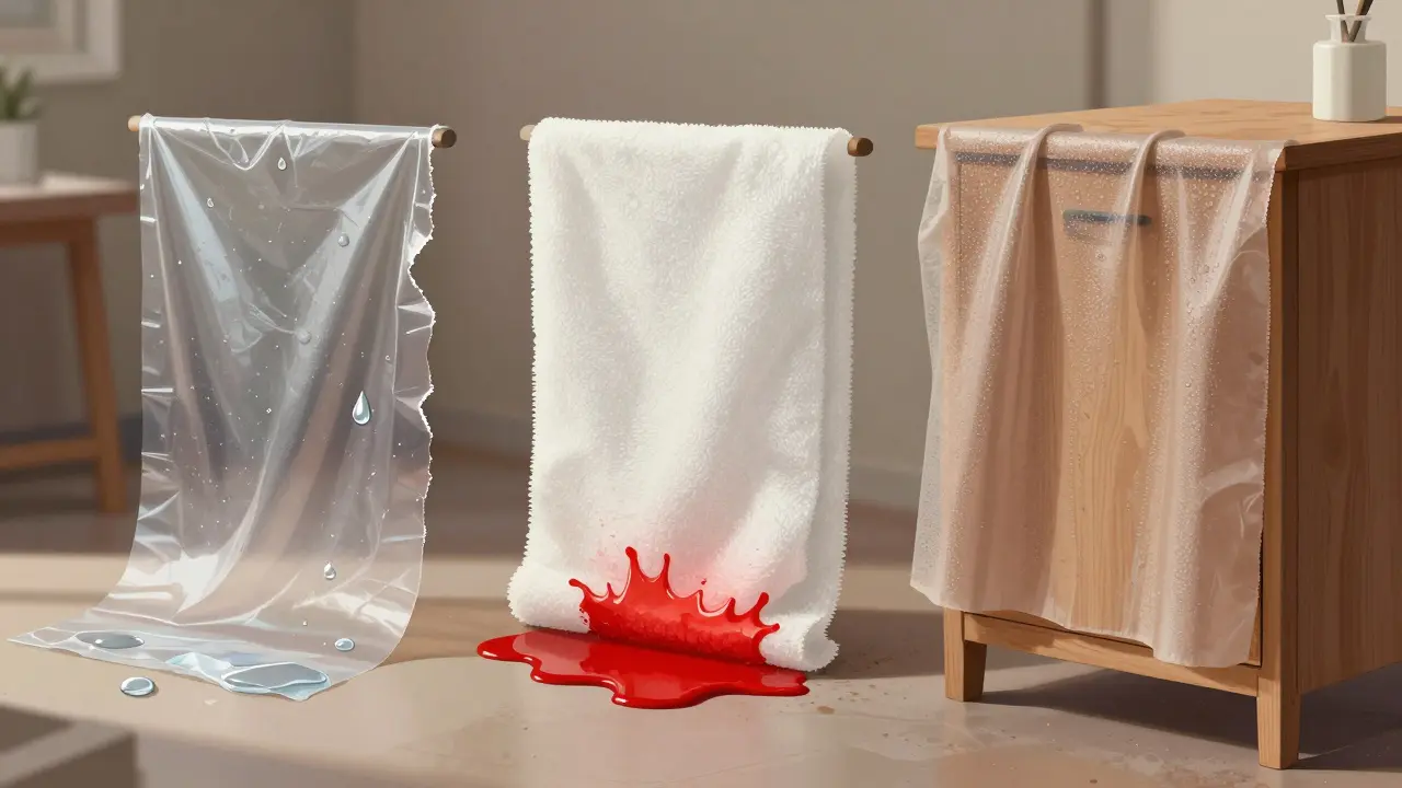 Vergleich von drei Schutzmaterialien: Folie, Vlies und Oxford-Stoff mit unterschiedlichen Wirkungen auf Flüssigkeiten.