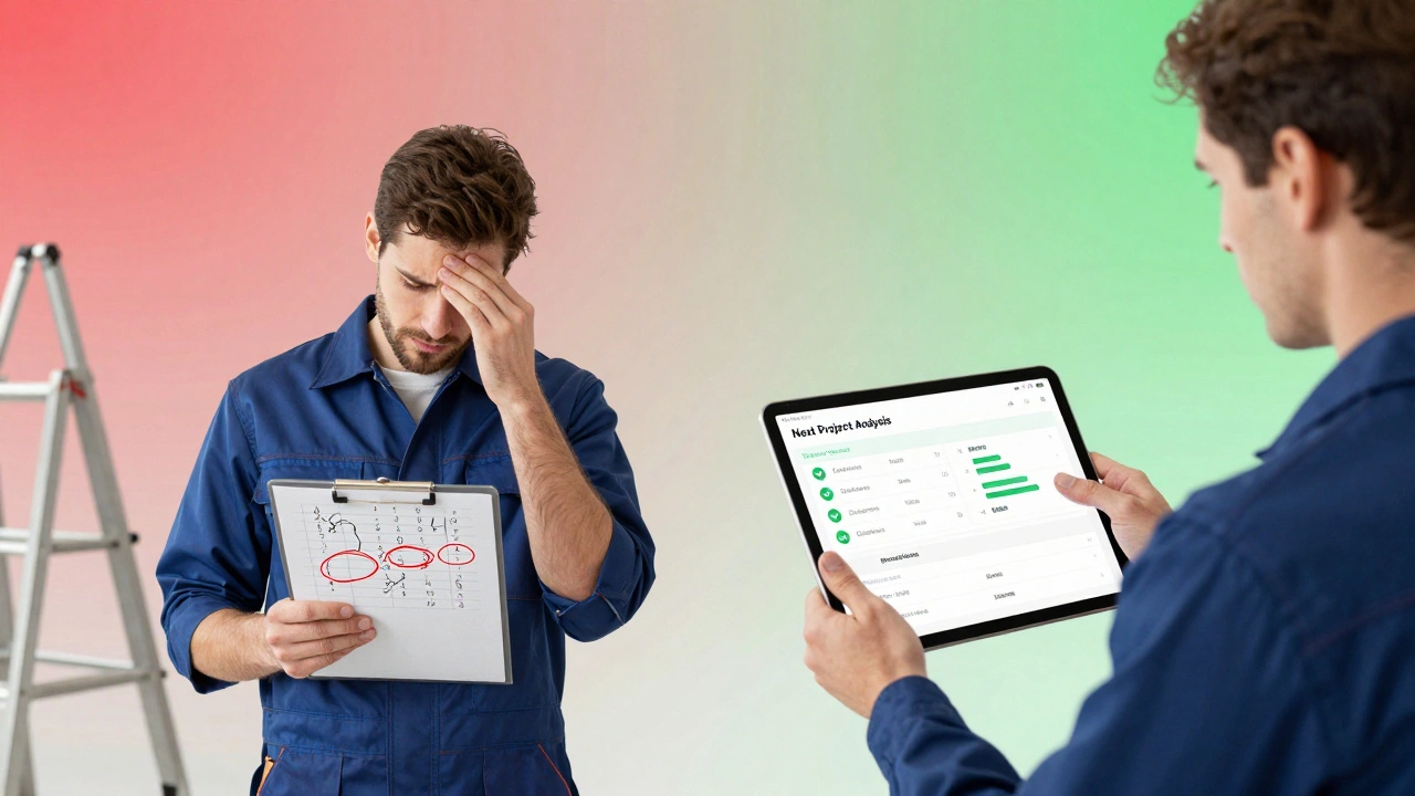 Vergleich zweier Szenen: Chaos mit Handnotizen links, geordnete digitale Analyse rechts.