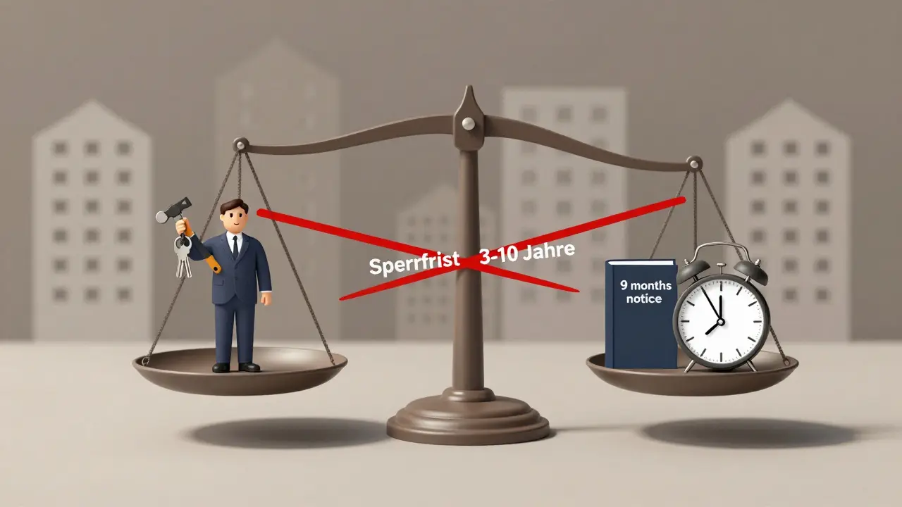 Waage mit Vermieter und Mieter, dazwischen Sperrfrist-Schild, Hintergrund unscharfe Wohnblocks, symbolische Gerechtigkeit.