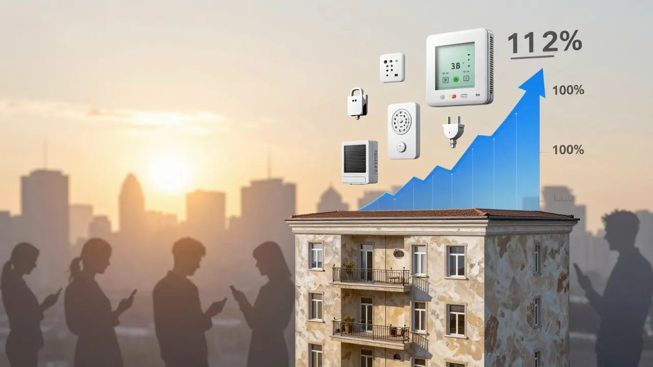 Wertsteigerung einer Altbauwohnung durch Smart-Home-Geräte, dargestellt als ansteigende Grafik mit Symbolen für Komfort und Energieeinsparung.