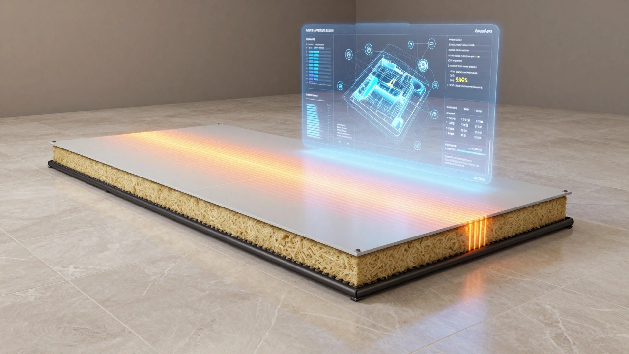 Zukünftige Bodenkonstruktion mit dünnen Vakuumdämmplatten und bio-basierten Materialien, überlagert von einer Wärmeverteilungs-Visualisierung.