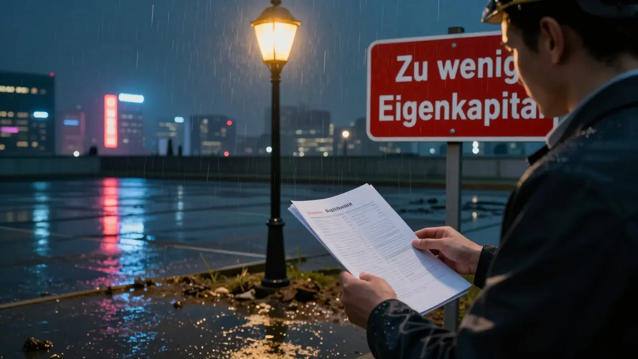 Architekt prüft Unterlagen bei Nacht am leeren Grundstück, Regen und Warnschild im Hintergrund.