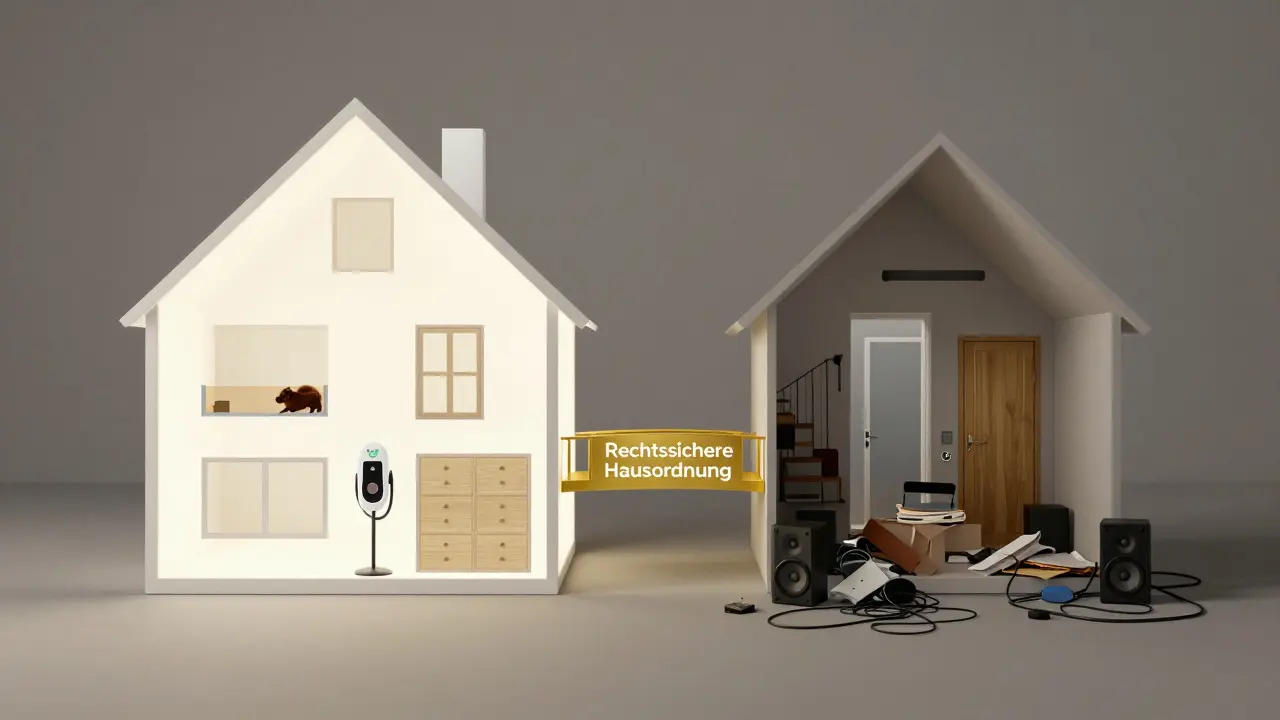 Ein Haus ist in geordnete und chaotische Bereiche geteilt, verbunden durch eine Brücke aus rechtssicherer Regelung.