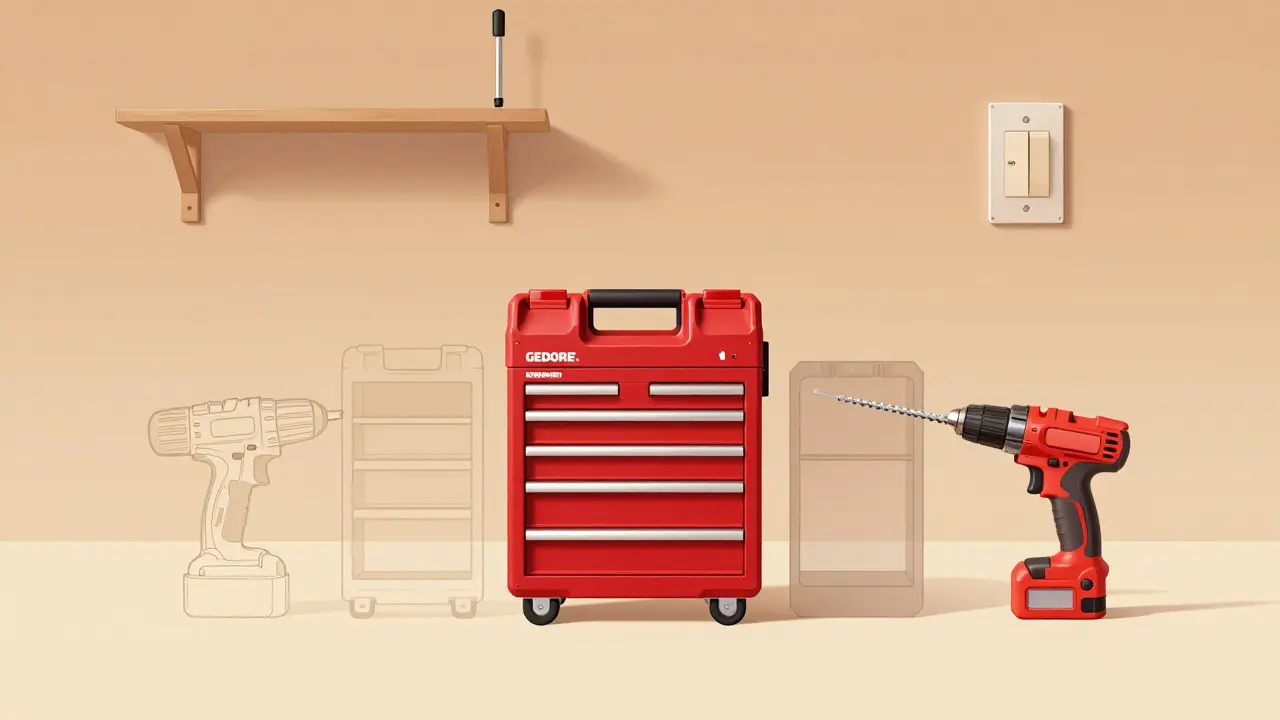 Ein modulares Werkzeugset mit Platzhaltern für zukünftige Werkzeuge wie Bohrer und Säge, symbolisch dargestellt als durchscheinende Umrisse.