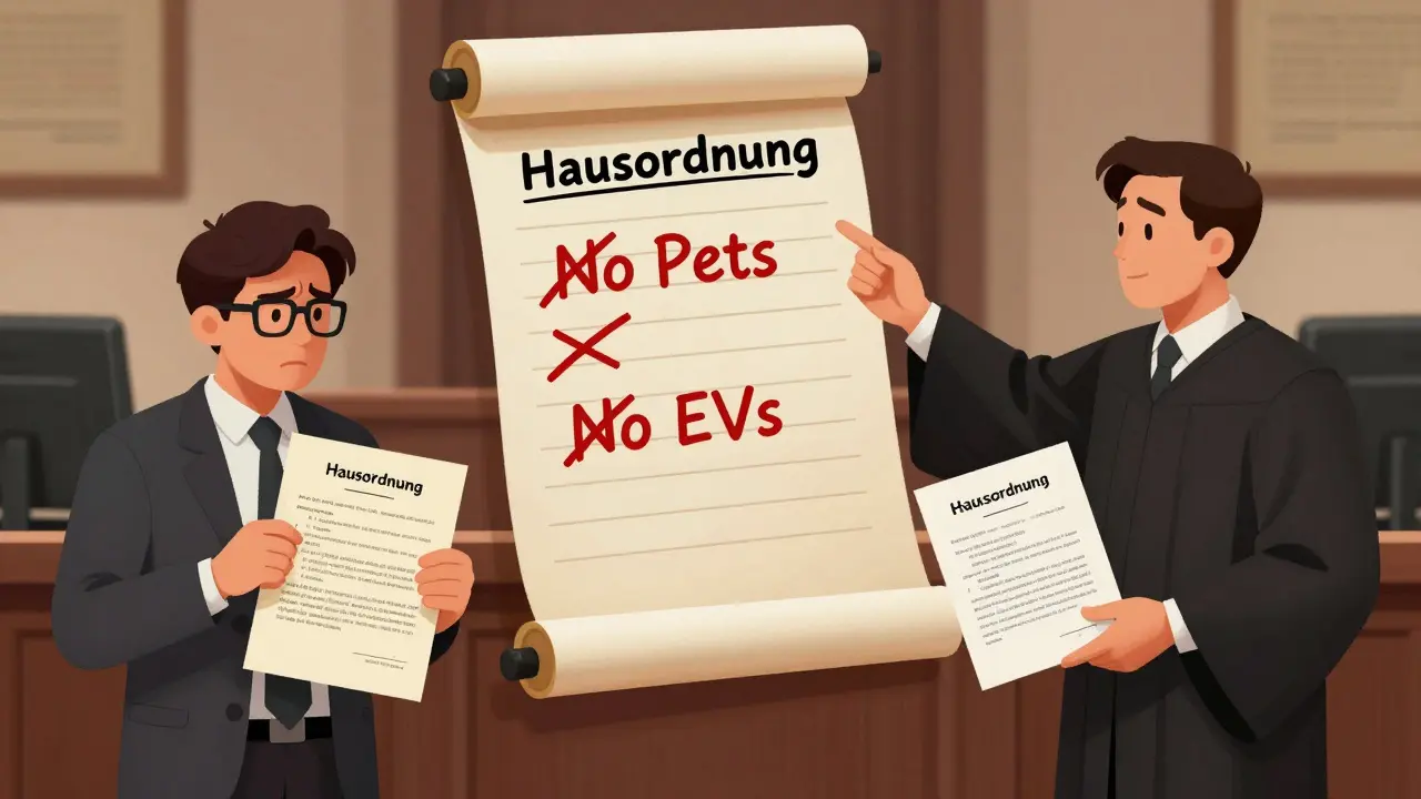 Ein Richter in einem Gerichtssaal weist auf eine rechtswidrige Hausordnung mit verbotenen Klauseln hin.