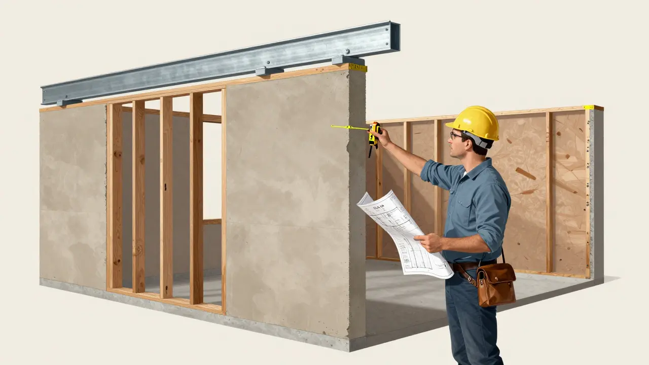 Ein Statiker prüft die Tragwerksplanung für einen neuen Stahlträger, der eine tragende Wand ersetzt.