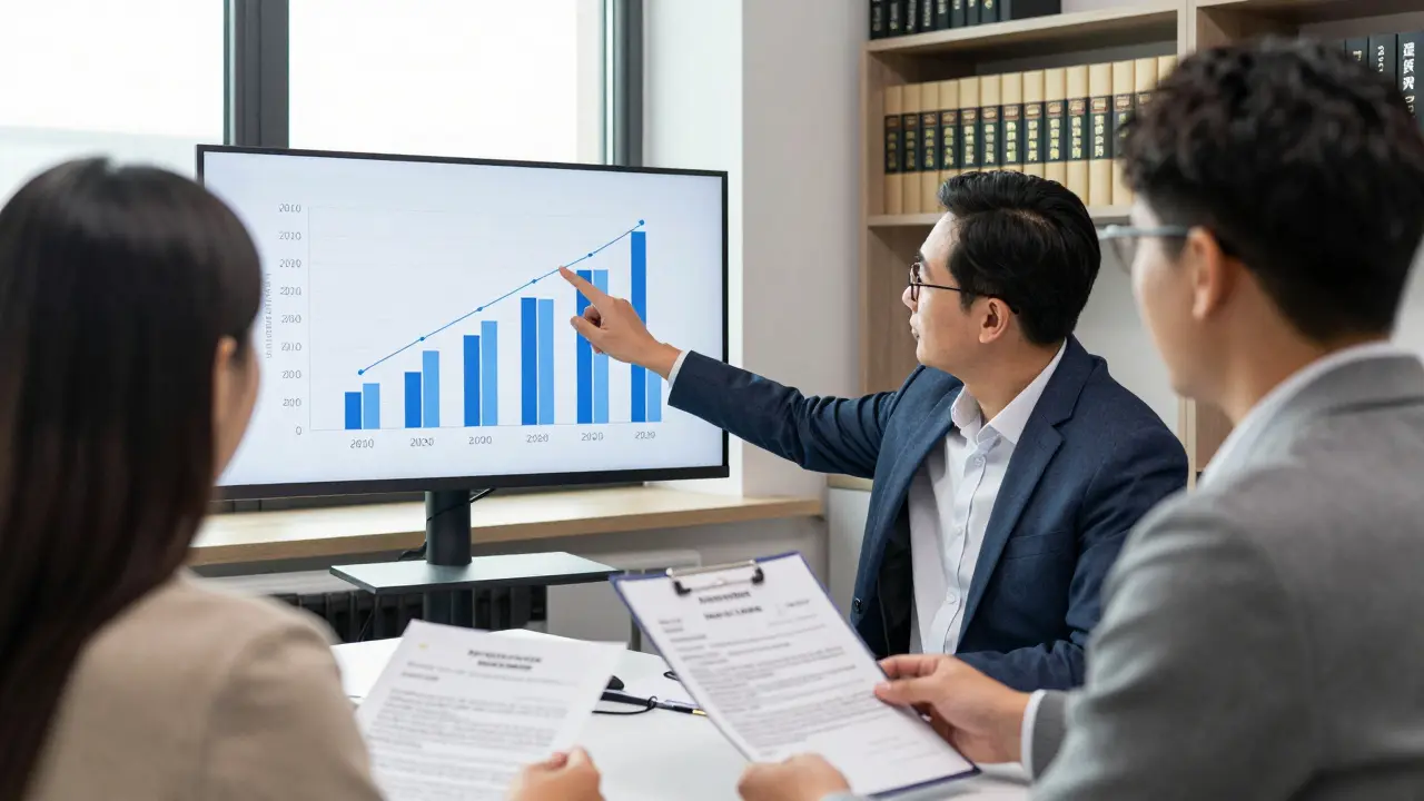 Ein Steuerberater erklärt einem Kunden eine Immobilienwertentwicklung in seinem Büro.
