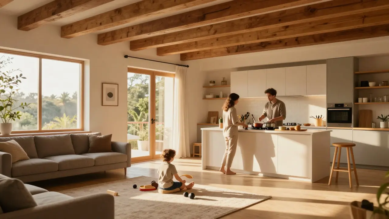 Eine Familie genießt den offenen Wohnbereich nach dem Umbau, Licht fließt durch das Haus, keine Wände mehr trennen die Räume.