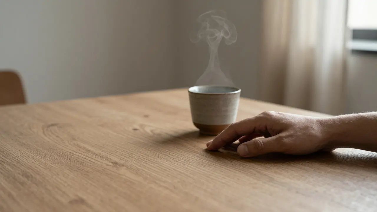 Eine Hand auf einem massiven Eichentisch mit natürlicher Maserung und einer keramischen Tasse daneben.