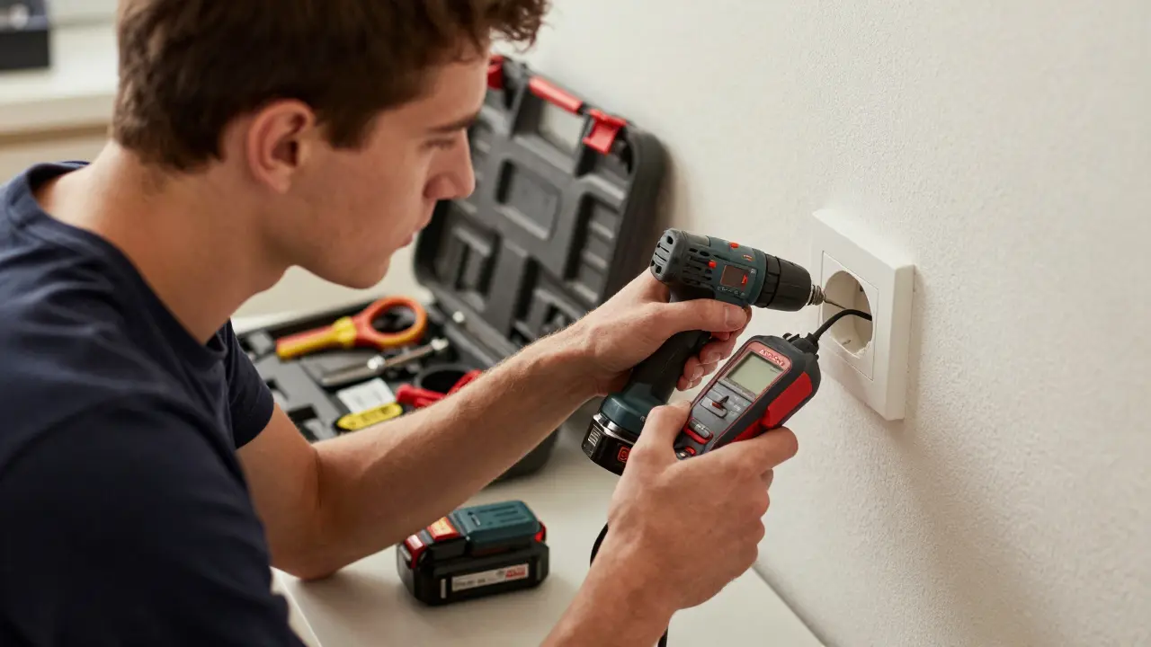 Eine Person prüft mit einem Phasenprüfer eine Steckdose, während ein Akku-Bohrer danebenliegt.
