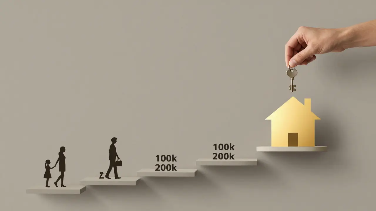 Eine zehnjährige Zeitleiste als Treppe, die zu einem Haus führt, symbolisiert die schrittweise steuerfreie Schenkung.