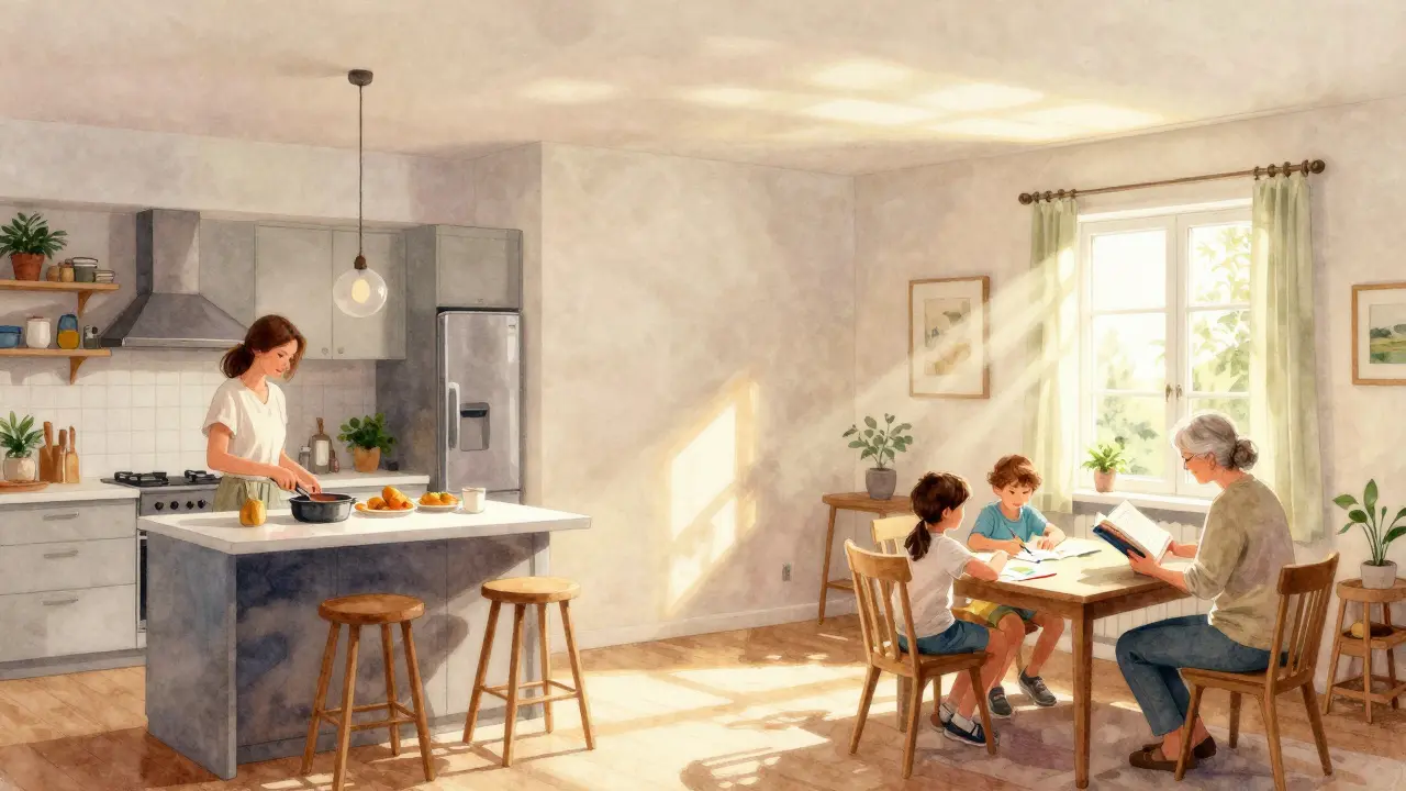 Familie in einem lichtdurchfluteten Zuhause, das durch Grundrissoptimierung mehr Lebensqualität bietet.