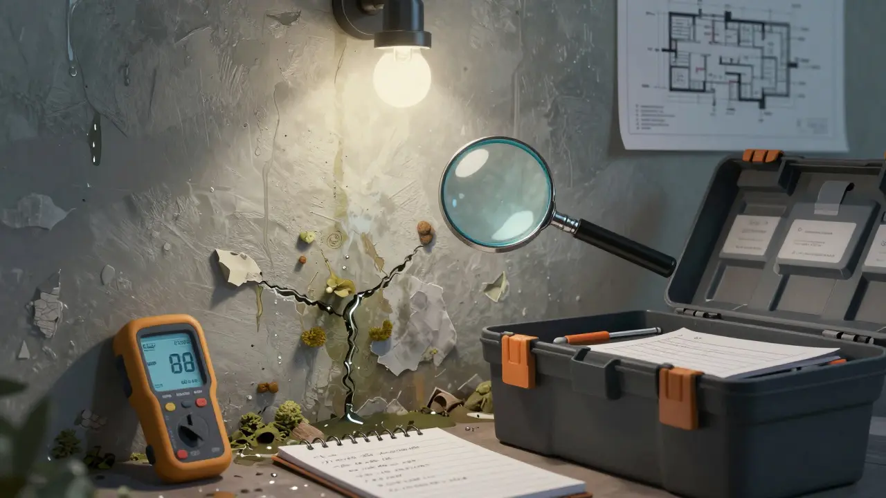 Feuchtigkeitsschaden im Keller mit Messgerät und Notizen zur Dokumentation.