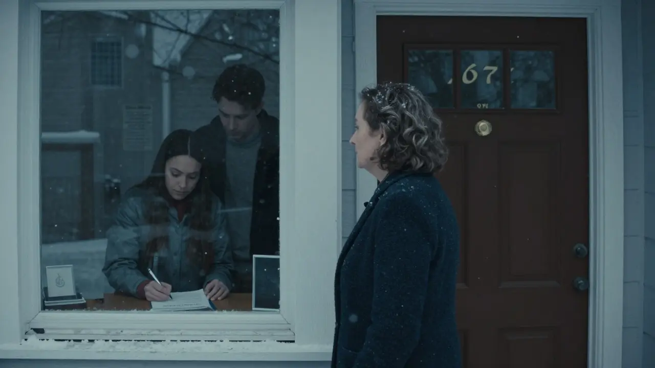 Frau beobachtet durch das Fenster, wie ihre Immobilie an andere übertragen wird.