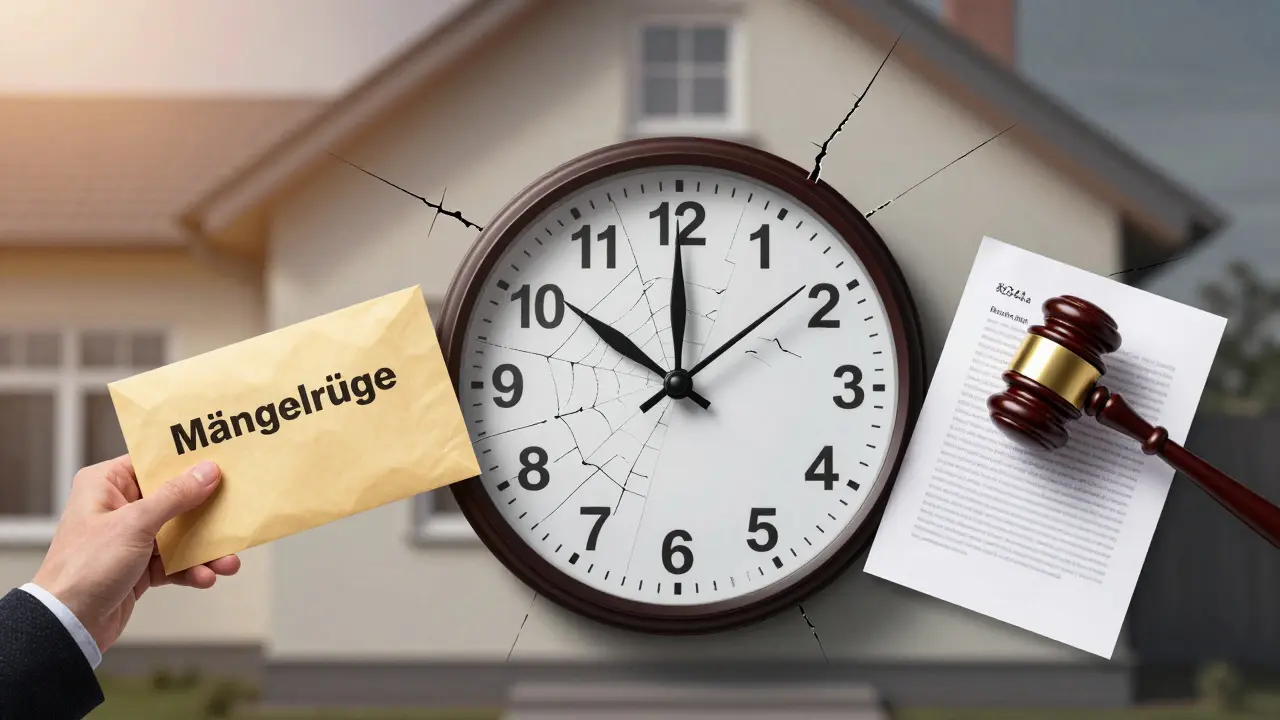 Fünf-Jahres-Frist als laufende Uhr über einem Haus mit juristischen Symbolen.