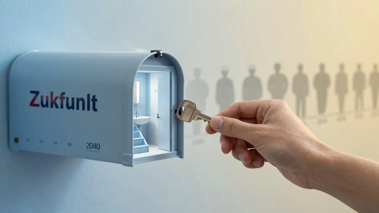 Hand legt Schlüssel in Briefkasten mit transparenten Barrierefreiheits-Elementen als Overlay, symbolisch für zukünftiges Wohnen.