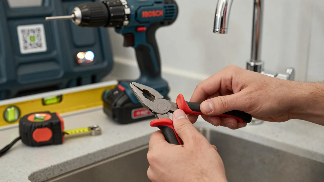 Hände, die mit einer Zange und einem Schlüssel einen Wasserhahn reparieren, während ein Akkuschrauber im Hintergrund zu sehen ist.