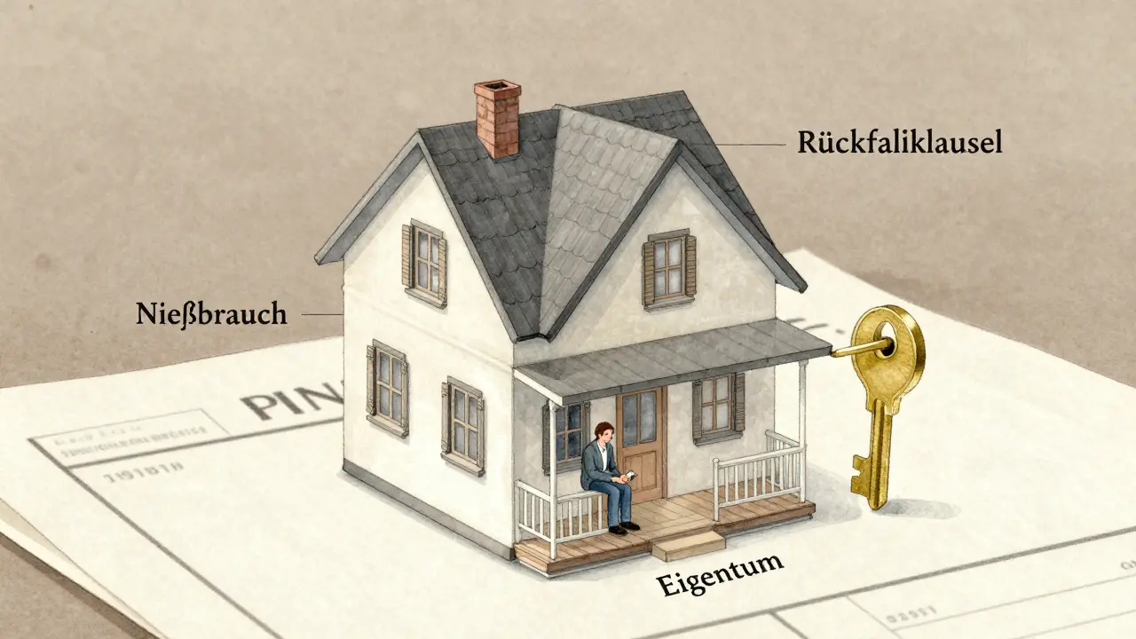 Haus mit drei transparenten Rechtsschichten: Eigentum, Nießbrauch und Rückfallklausel über Grundbucheintrag.