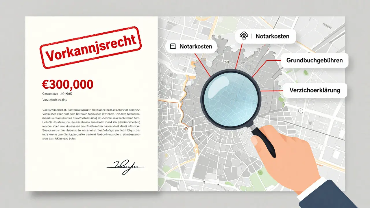 Illustration zeigt verborgene Kosten eines Vorkaufsrechts als durchscheinende Elemente über einem Immobilienvertrag.