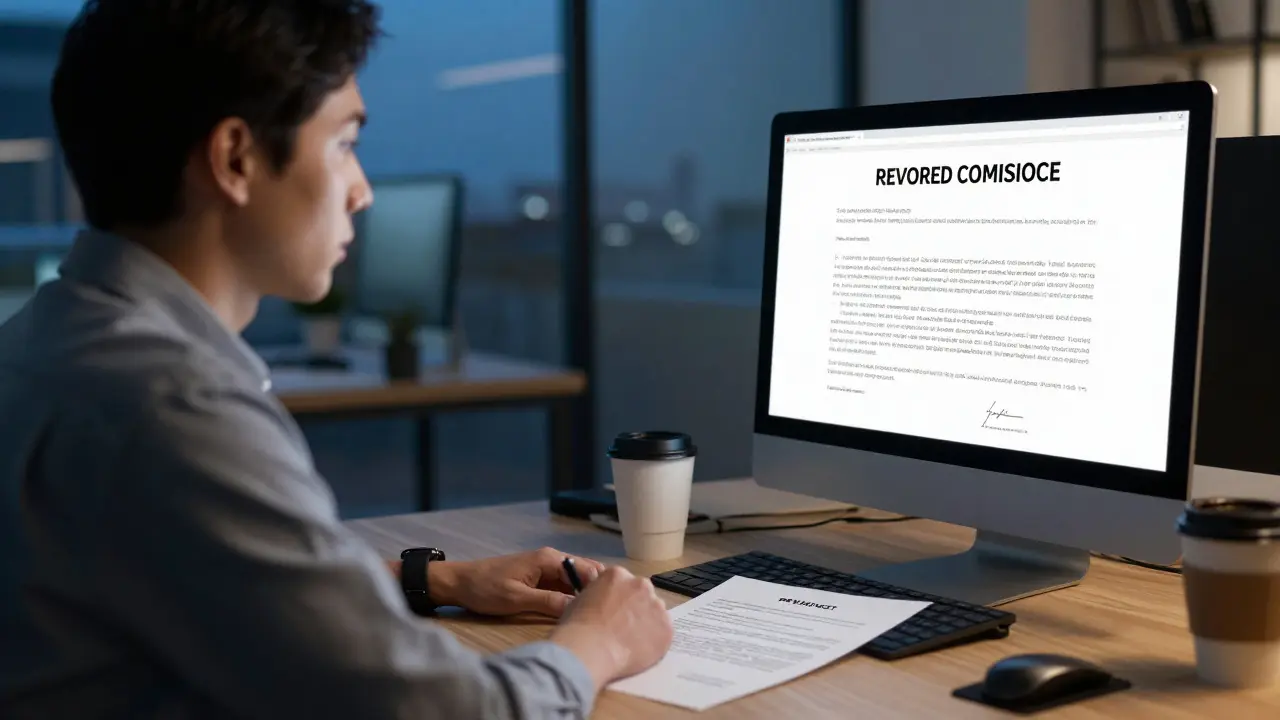 Immobilienmakler blickt auf einen widerrufenen Vertrag in seinem Büro bei Dämmerung.