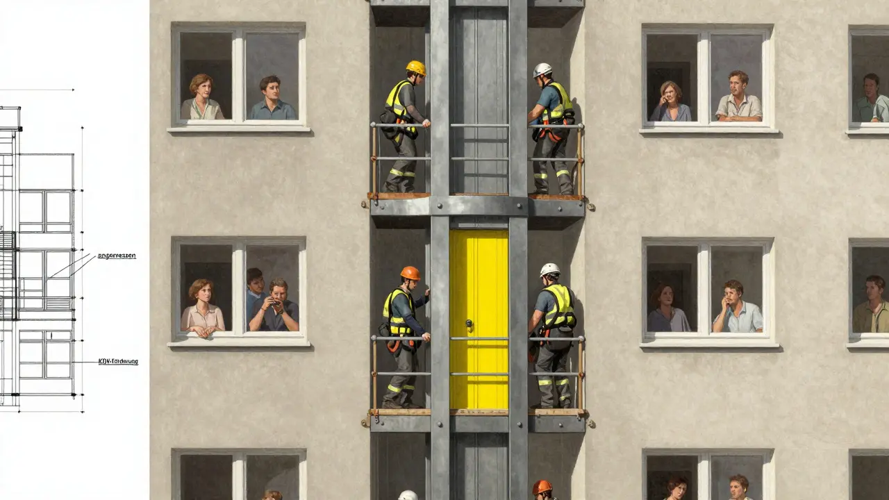Kleiner Aufzug wird in einem 4-stöckigen Wohnhaus installiert, Architekturplan mit Förderhinweisen im Hintergrund.