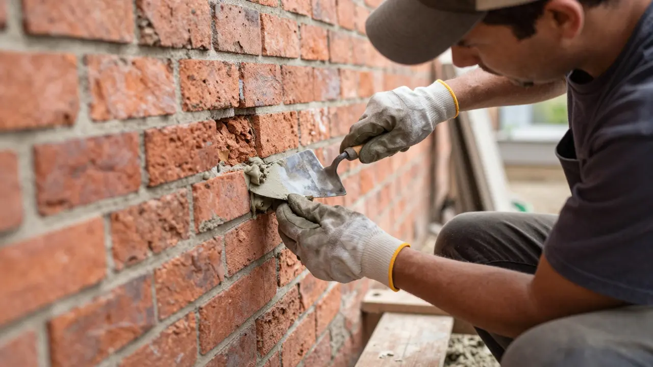 Maurer repariert eine historische Ziegelfuge mit Kalkmörtel