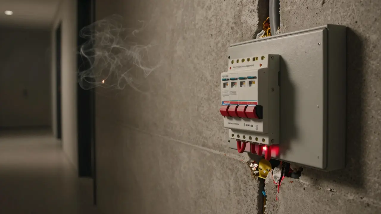 Mineralische Brandschutzabschottung verschließt eine Kabeldurchführung in einer Wand, AFDD im Verteiler schützt vor Lichtbogen.