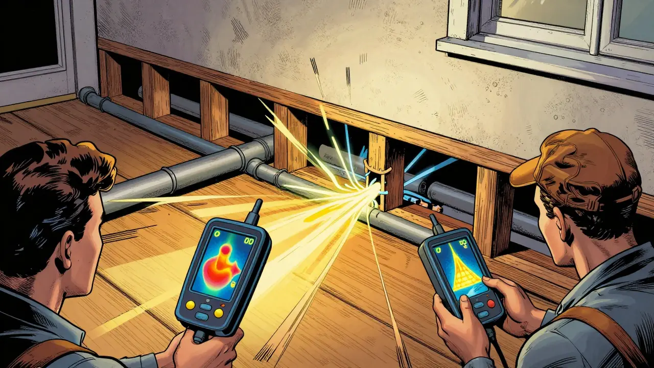 Schematische Darstellung eines Hauses mit verborgenen Lecks und Technikern, die mehrere Messmethoden verwenden.