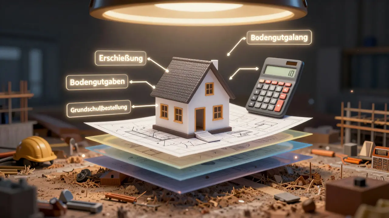 Schwebende Kostenübersicht mit 15 versteckten Baunebenkosten über einer Baustelle.