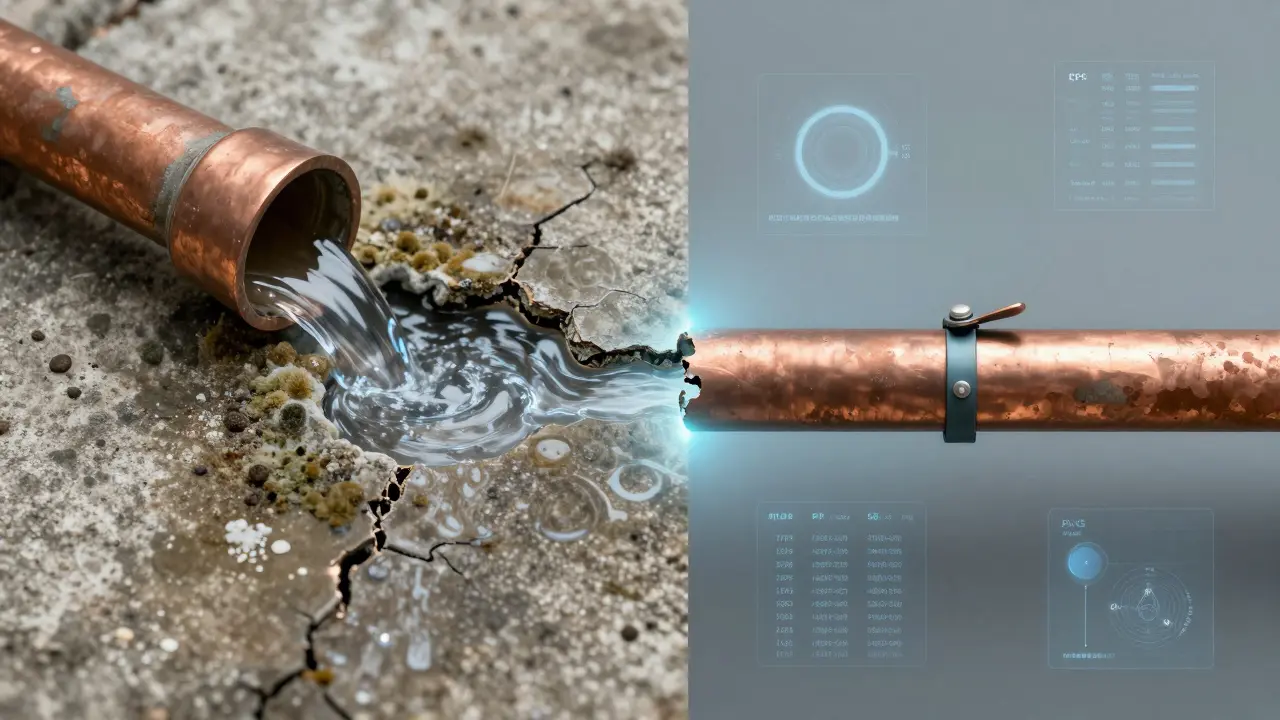 Vergleich von beschädigtem Rohr mit Schimmel und repariertem Rohr mit digitalen Messdaten.